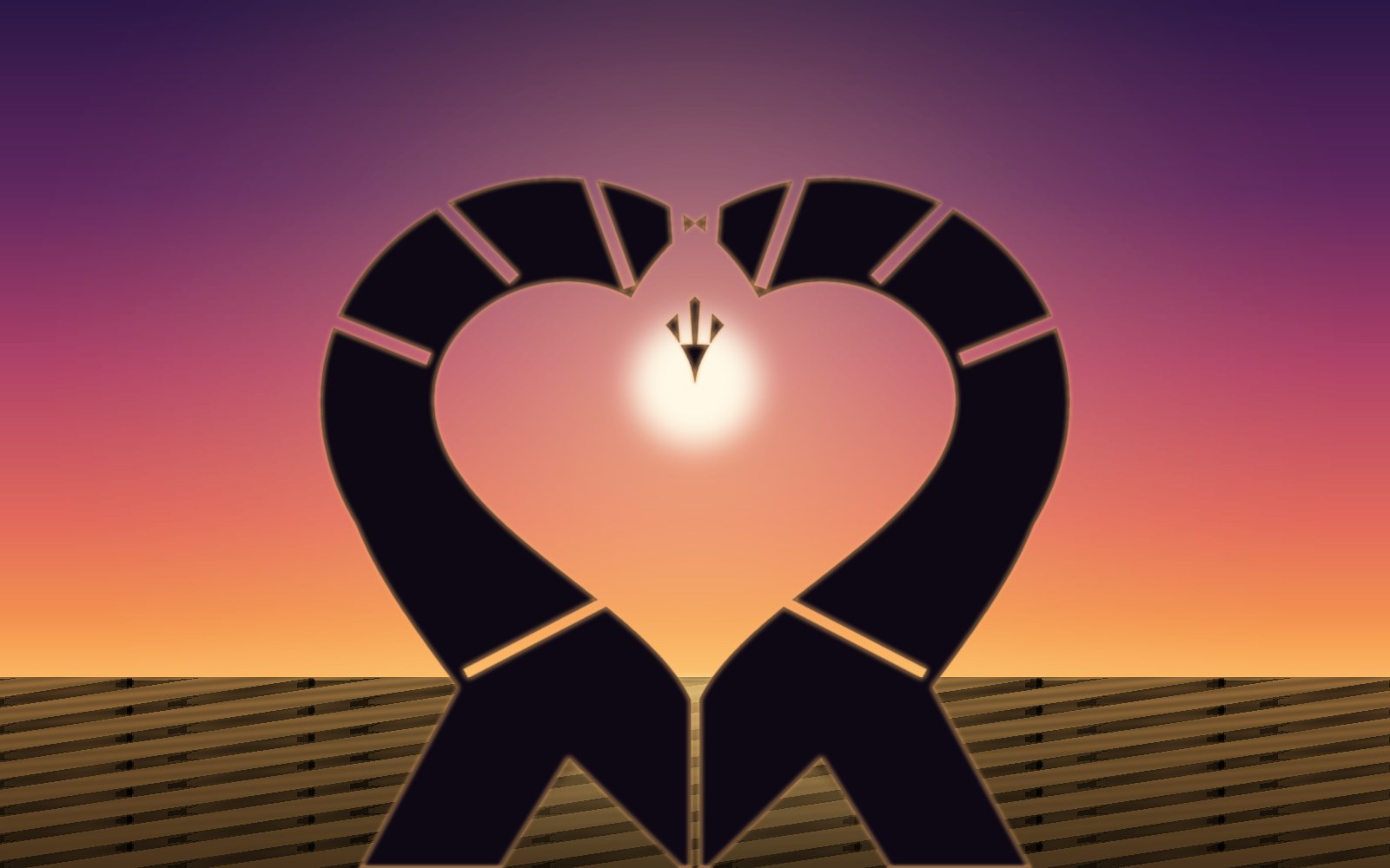Two hands forming a heart shape against a sunset sky over water